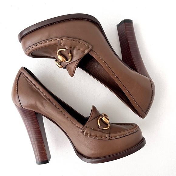 GUCCI | Vintage Alyssa Brown Leather Horsebit Pumps Block Heel Loafers 37.5 - Picture 11 of 16
